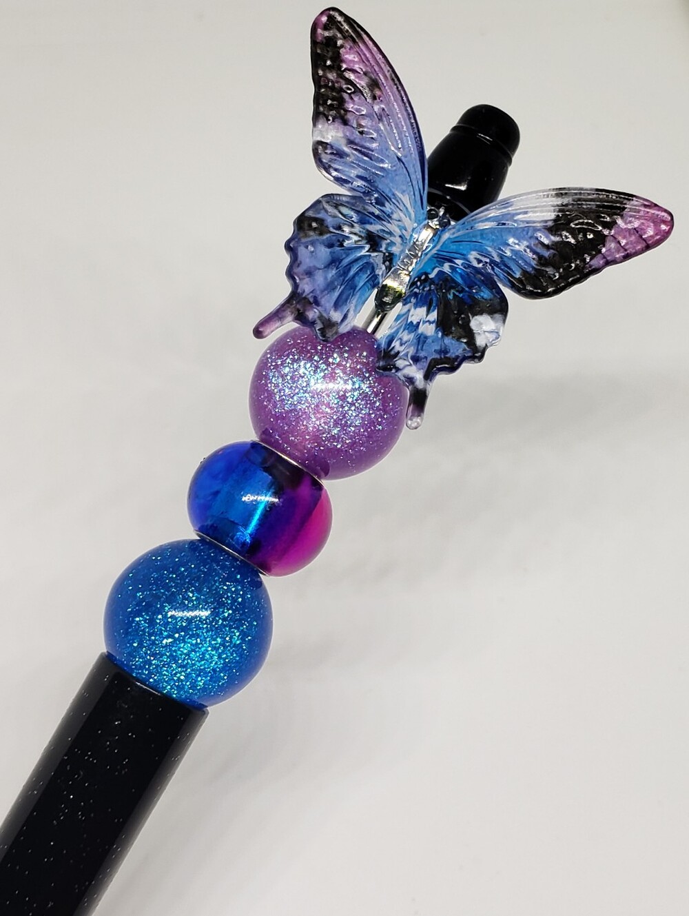 Handmade Black Purple Blue Glitter Beaded Butterfly Pen